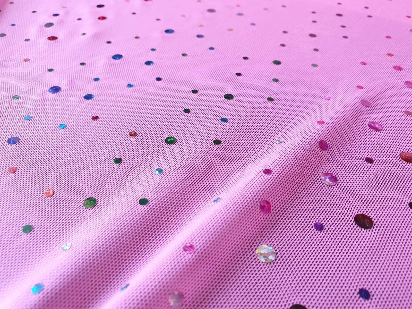 Mesh fabric with sequin polka dots in fluo colors